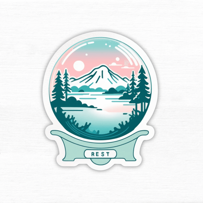 Calm Mind Club - Certified Rest Sticker featuring a scenic snow globe with mountains and trees.