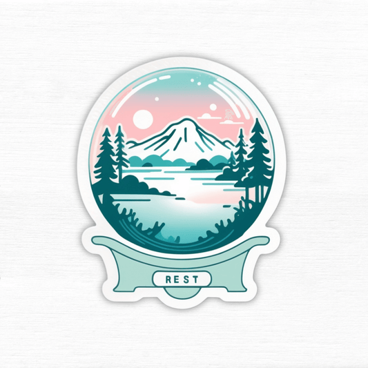 Calm Mind Club - Certified Rest Sticker featuring a scenic snow globe with mountains and trees.