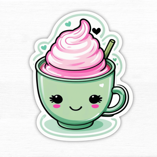 Sassy Matcha Therapy Sticker featuring a cute green tea cup with pink whipped cream and hearts.