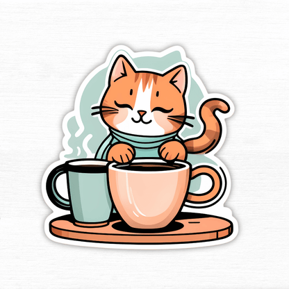 Café Cat Spill sticker featuring a cute cat with coffee cups, perfect for cozy workspace decoration.
