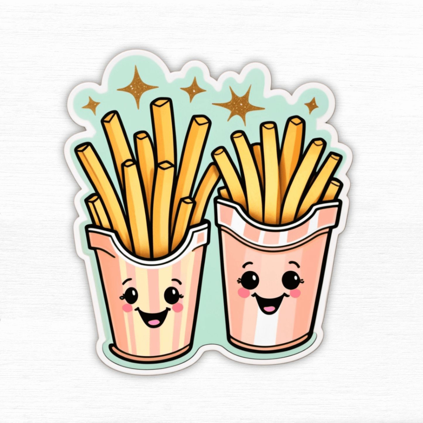Good Vibes, Good Fries – Cute cartoon vinyl sticker of smiling fries in containers.