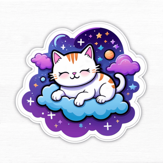 Cosmic Catnap – Galaxy Space Cat Vinyl Sticker featuring a cute cat resting on a cloud in a starry background.