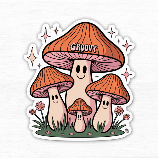 Colorful Groovy Mushroom Vibes Sticker featuring happy mushrooms and flowers, perfect for personalizing your items.
