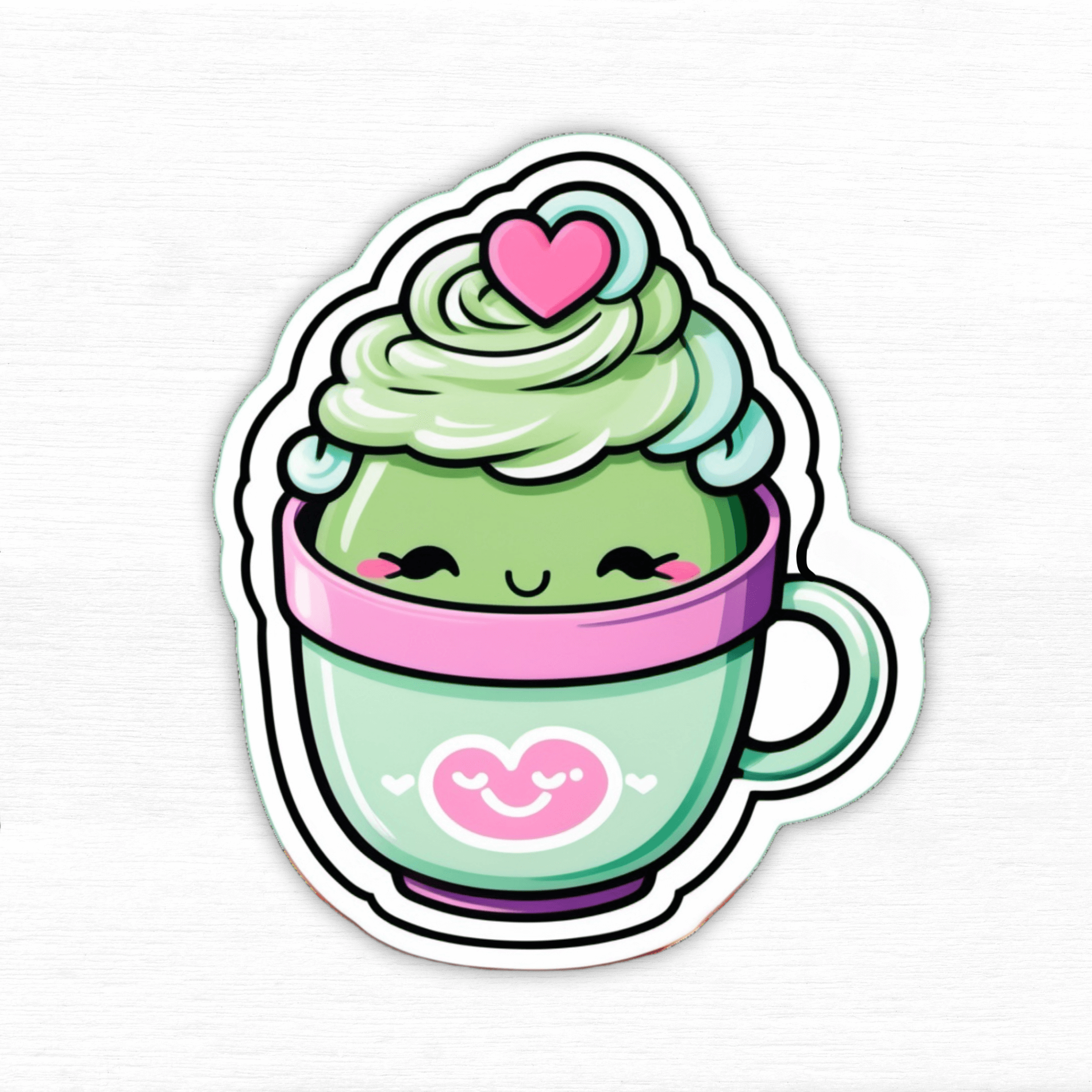 Sassy Matcha Therapy Sticker featuring a cute tea cup with matcha and a heart on top.