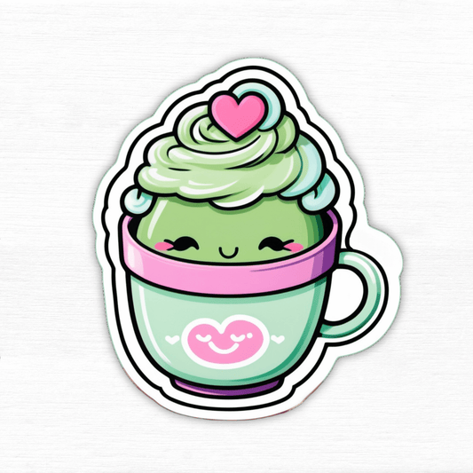 Sassy Matcha Therapy Sticker featuring a cute tea cup with matcha and a heart on top.