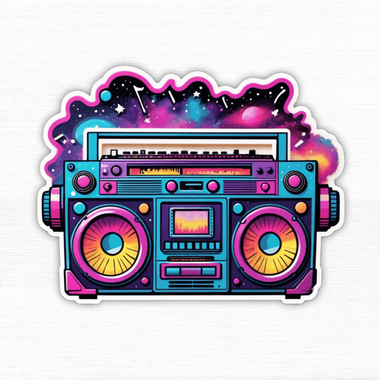 Colorful Galaxy Groove Boombox sticker designed for laptops, water bottles, and planners.