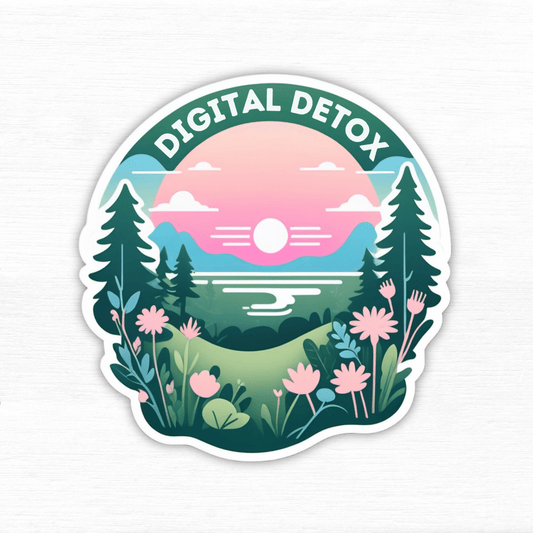 Digital Detox Mode: Minimalist Tech Break Vinyl Sticker with colorful nature design and sunlight.