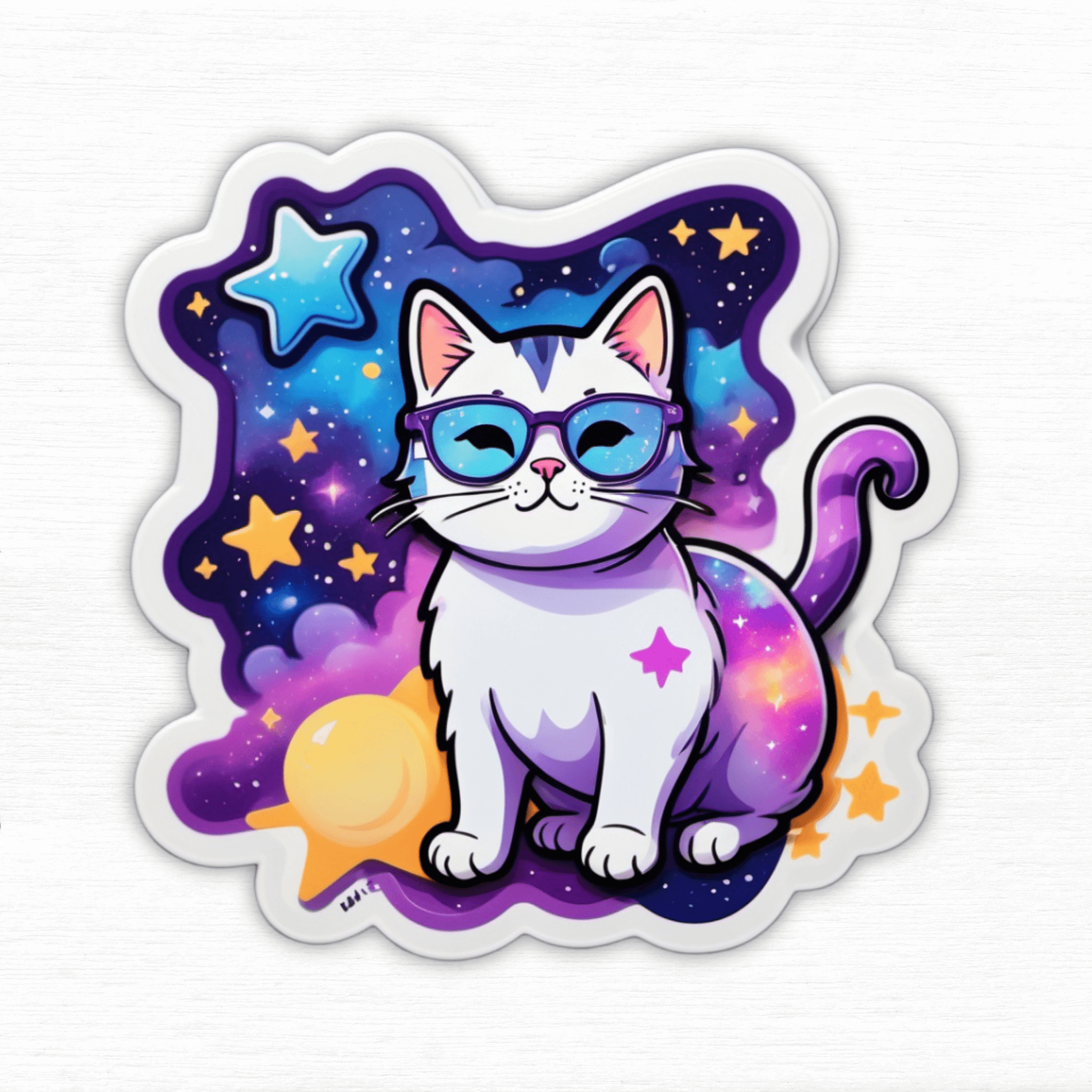 Dream Big Galaxy Cat Vinyl Sticker featuring a whimsical cat in glasses against a colorful galaxy background.