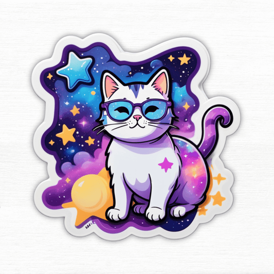 Dream Big Galaxy Cat Vinyl Sticker featuring a whimsical cat in glasses against a colorful galaxy background.