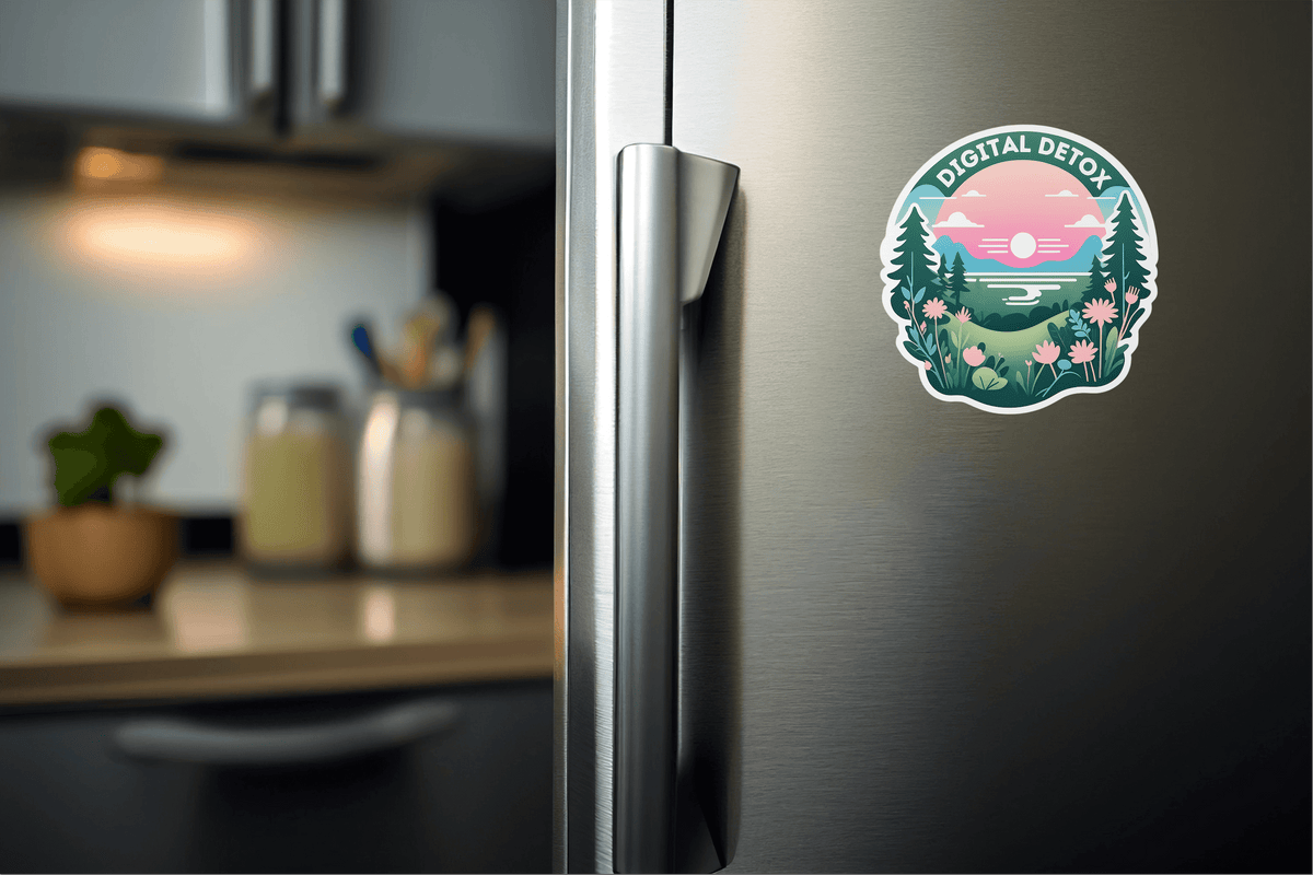 Digital Detox Mode: Minimalist Tech Break Vinyl Sticker on a refrigerator door in modern kitchen setting.
