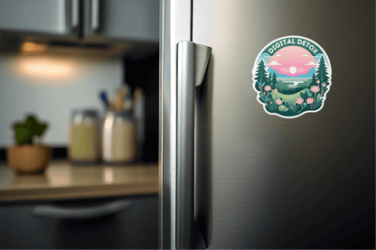 Digital Detox Mode: Minimalist Tech Break Vinyl Sticker on a refrigerator door in modern kitchen setting.
