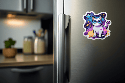 Dream Big Galaxy Cat Vinyl Sticker on a refrigerator, showcasing a colorful cat design in space.