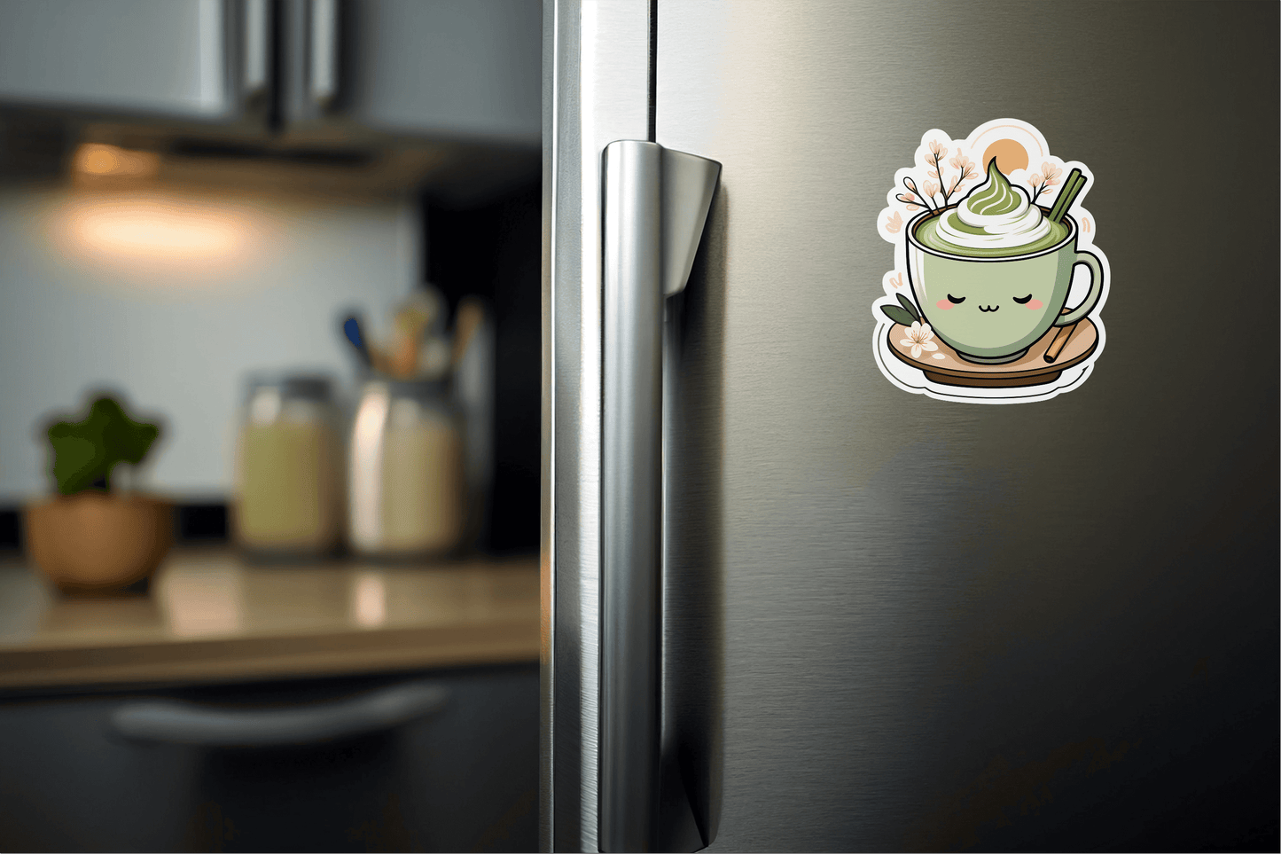 Close-up of Matcha Morning Aesthetic Vinyl Sticker on refrigerator showcasing a cute matcha drink design.