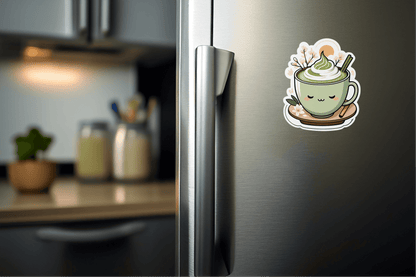 Close-up of Matcha Morning Aesthetic Vinyl Sticker on refrigerator showcasing a cute matcha drink design.