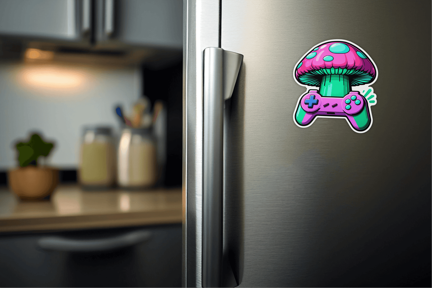 Pixel Power-Up: Retro Gaming Nostalgia Sticker on a refrigerator, featuring a colorful mushroom and game controller design.
