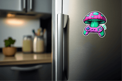 Pixel Power-Up: Retro Gaming Nostalgia Sticker on a refrigerator, featuring a colorful mushroom and game controller design.