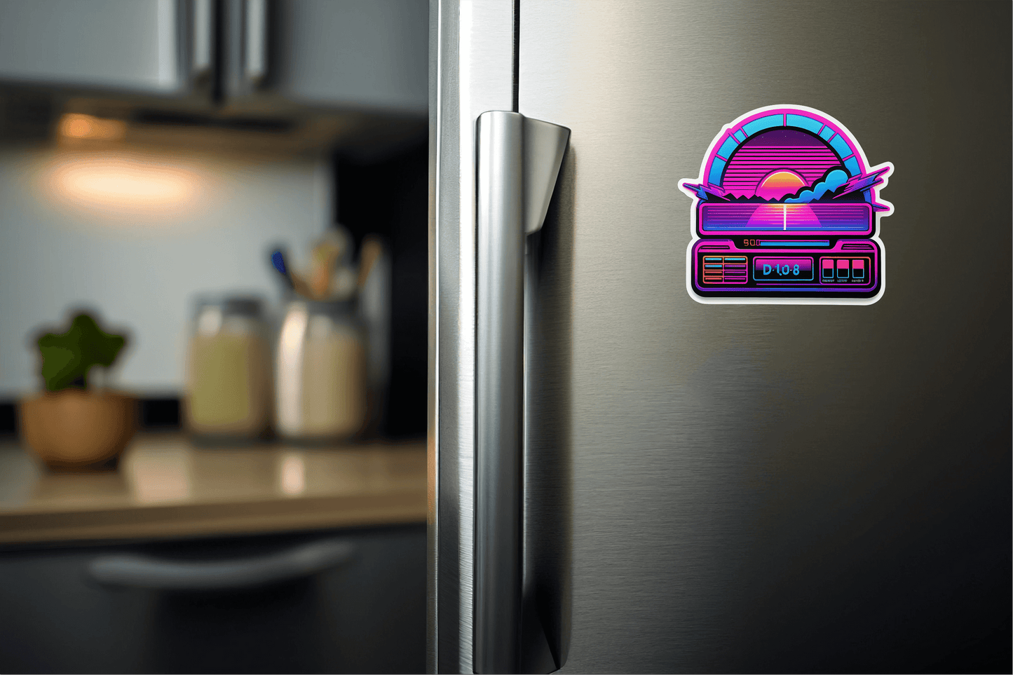 Retrowave Productivity Dashboard Sticker displayed on a modern refrigerator in a kitchen setting.