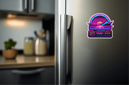 Retrowave Productivity Dashboard Sticker displayed on a modern refrigerator in a kitchen setting.