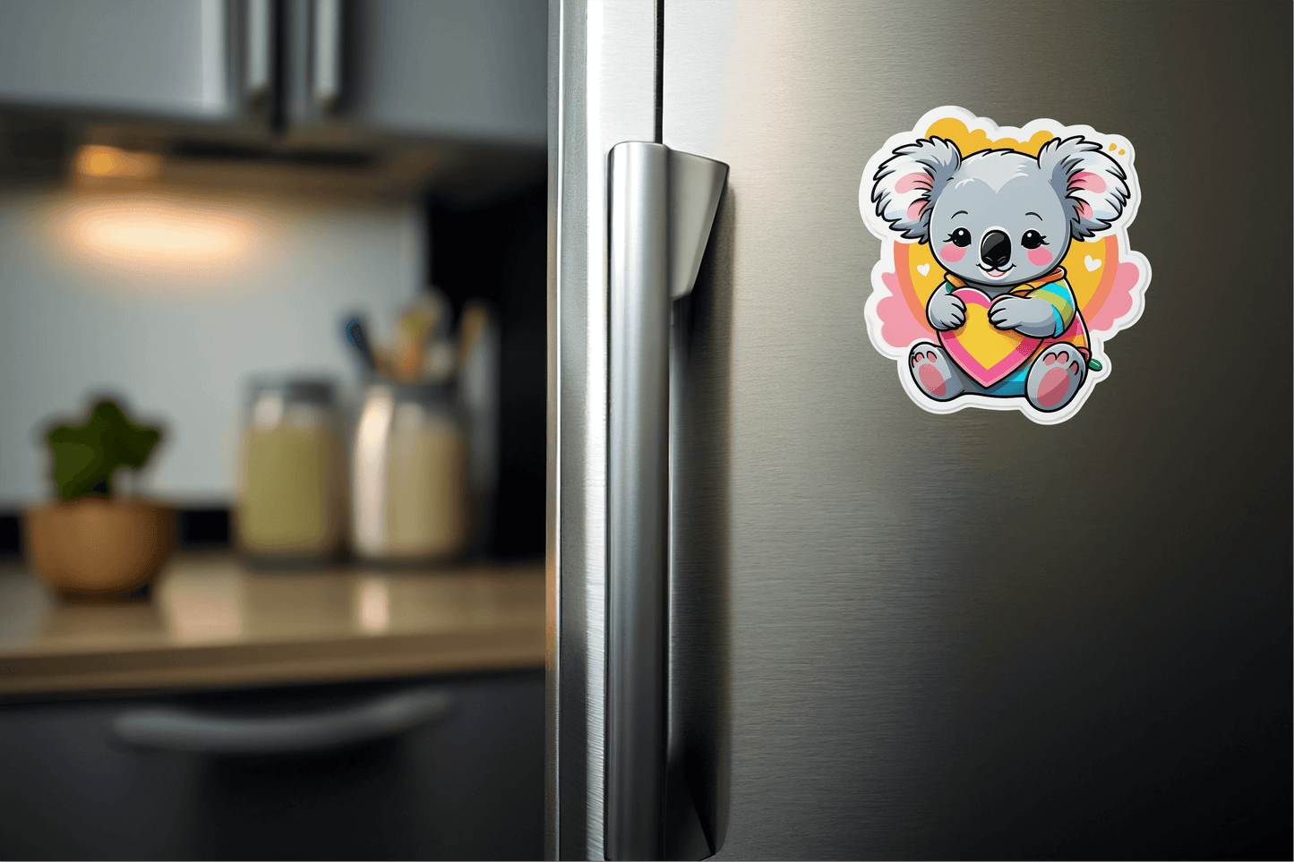 Colorful Rainbow Koala Hug Vinyl Sticker adorning a refrigerator, adding a charming touch to home decor.