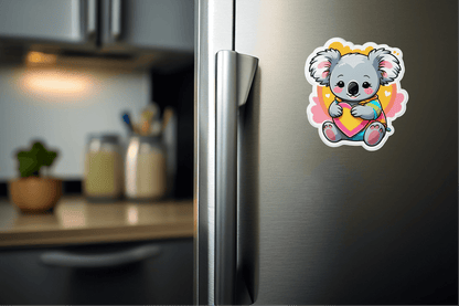 Colorful Rainbow Koala Hug Vinyl Sticker adorning a refrigerator, adding a charming touch to home decor.