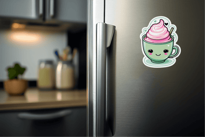 Sassy Matcha Therapy Sticker on a fridge, featuring a cute green tea cup design with pink swirled cream.