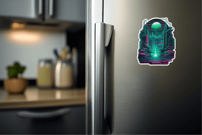 NFT Coded Reality – Glitch Tech Layers Sticker on a refrigerator, showcasing vibrant design.