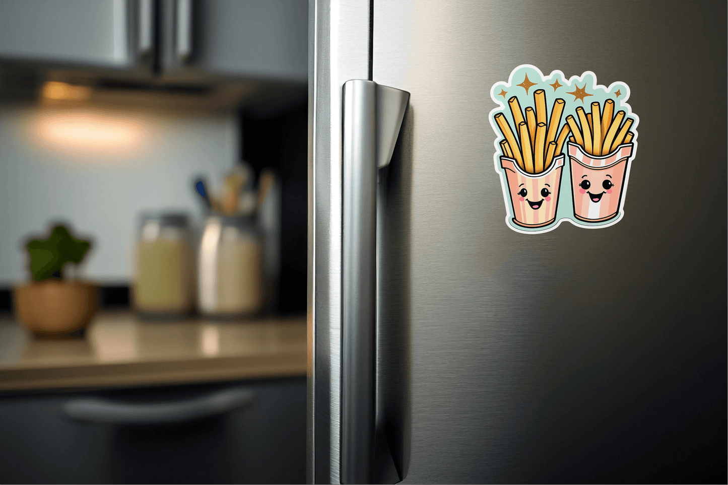 Good Vibes, Good Fries vinyl sticker on a refrigerator showcasing cute cartoon fries.