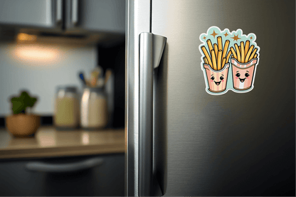 Good Vibes, Good Fries vinyl sticker on a refrigerator showcasing cute cartoon fries.