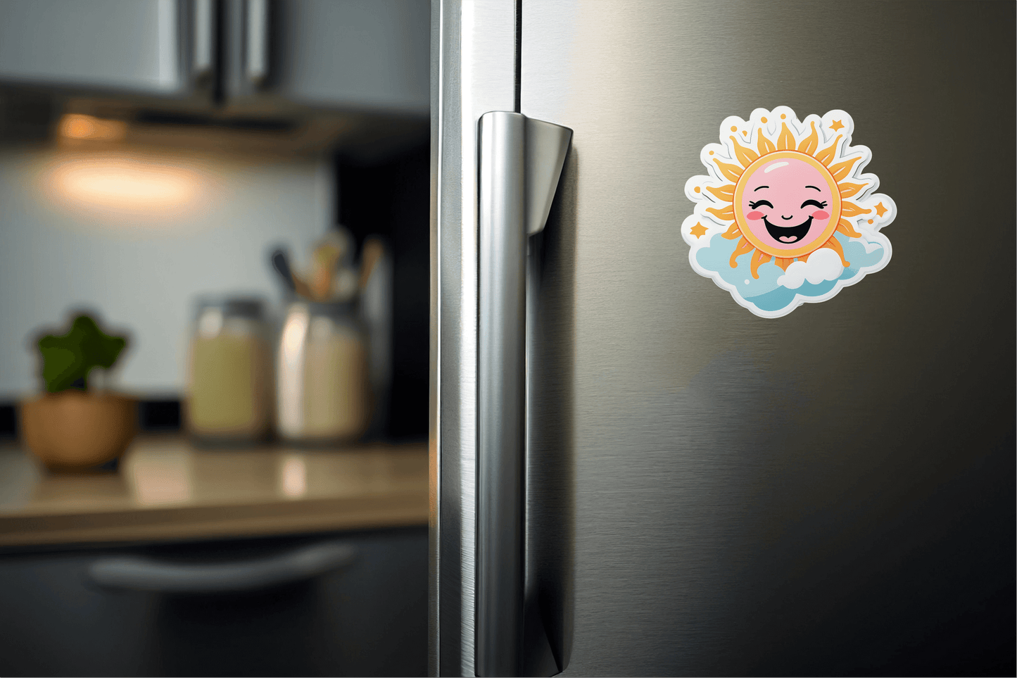 Colorful Serotonin Sunbeam – Positive Mood Aid Sticker on silver refrigerator.