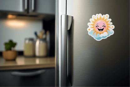 Colorful Serotonin Sunbeam – Positive Mood Aid Sticker on silver refrigerator.