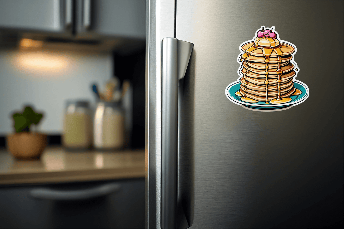 Cherry on the top Pancake Stack Vinyl Sticker on a refrigerator, showcasing a colorful stack of pancakes.