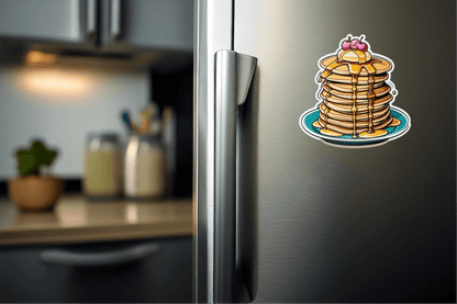 Cherry on the top Pancake Stack Vinyl Sticker on a refrigerator, showcasing a colorful stack of pancakes.