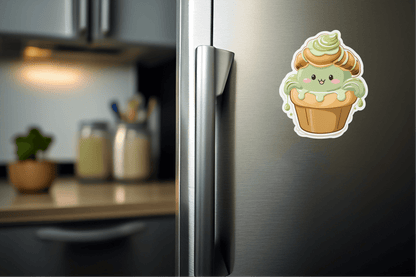Matcha Croissant Cupcake Sticker on a stainless steel refrigerator, adding cute café foodie vibes to kitchen decor.