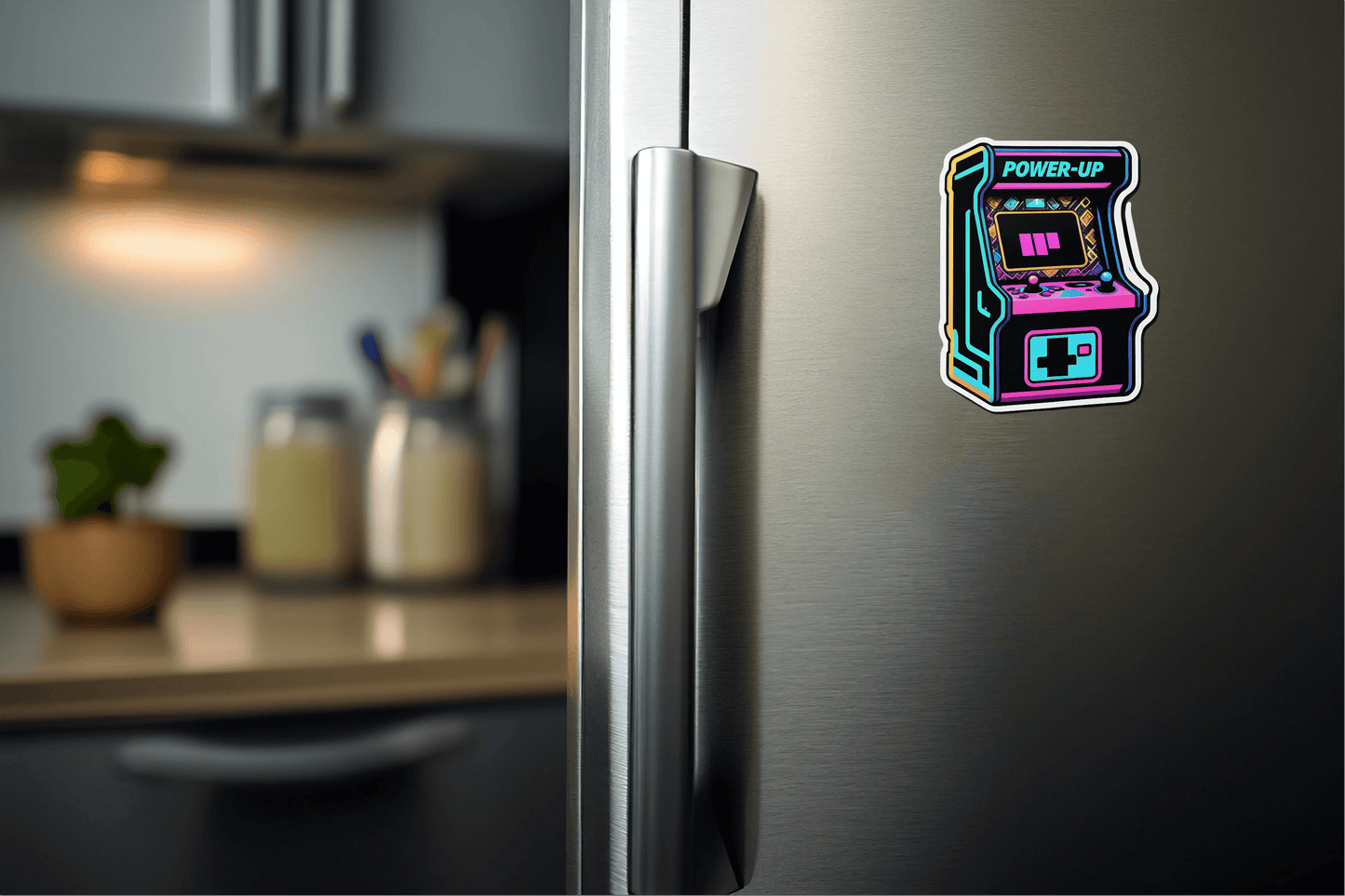 Colorful Retro Arcade Power vinyl sticker on a refrigerator, featuring a vintage arcade game design with the text 'POWER-UP'.
