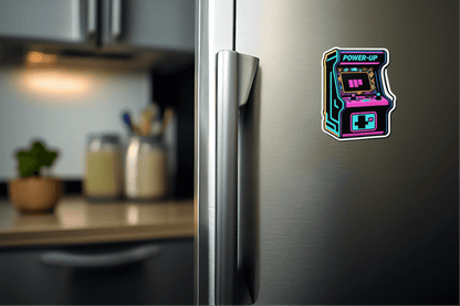 Colorful Retro Arcade Power vinyl sticker on a refrigerator, featuring a vintage arcade game design with the text 'POWER-UP'.