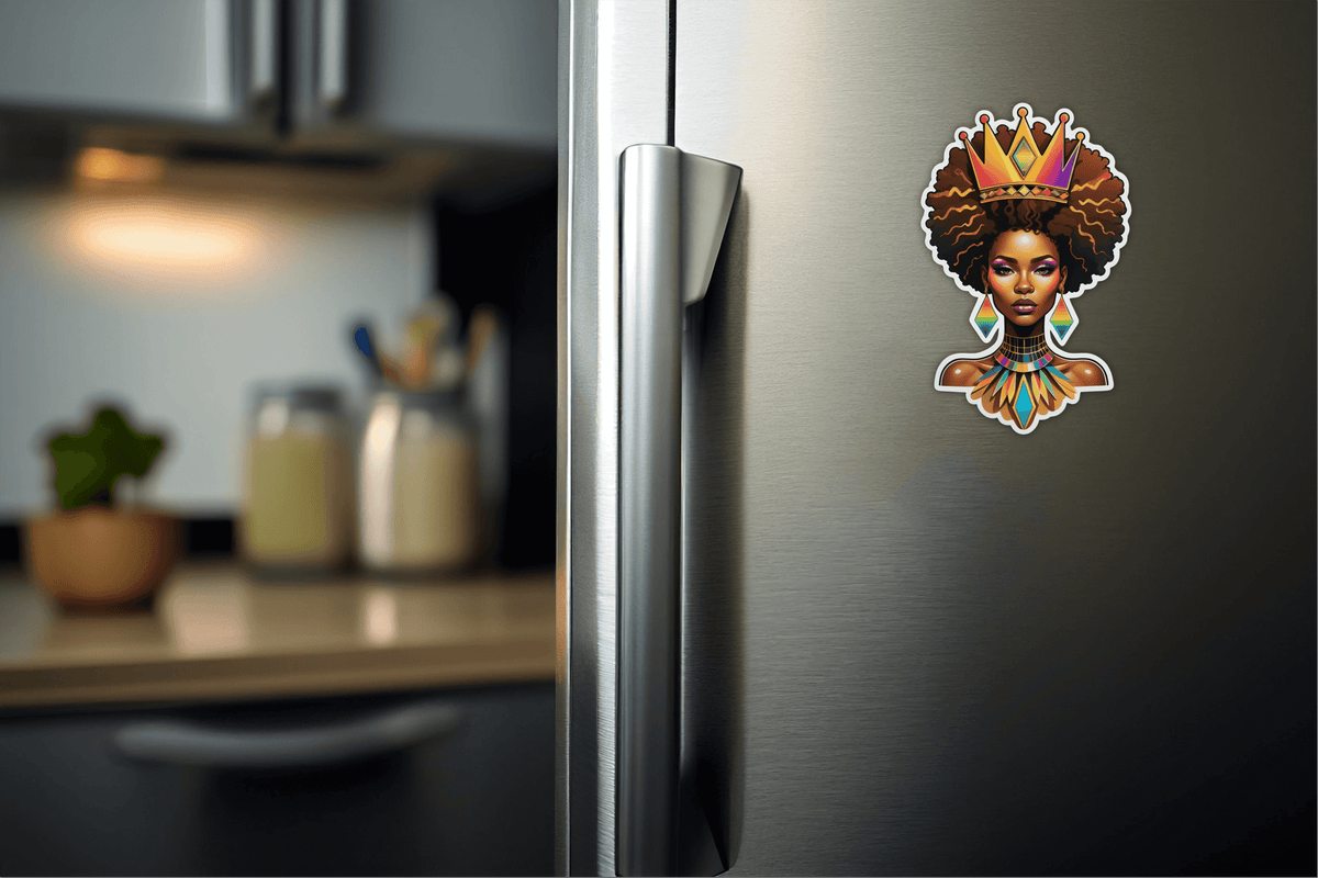 Rainbow Afrofuturist Queen Sticker on a refrigerator, adding vibrant art to kitchen decor.