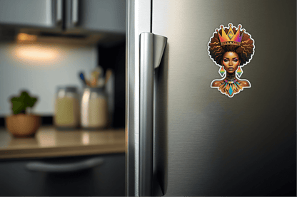 Rainbow Afrofuturist Queen Sticker on a refrigerator, adding vibrant art to kitchen decor.