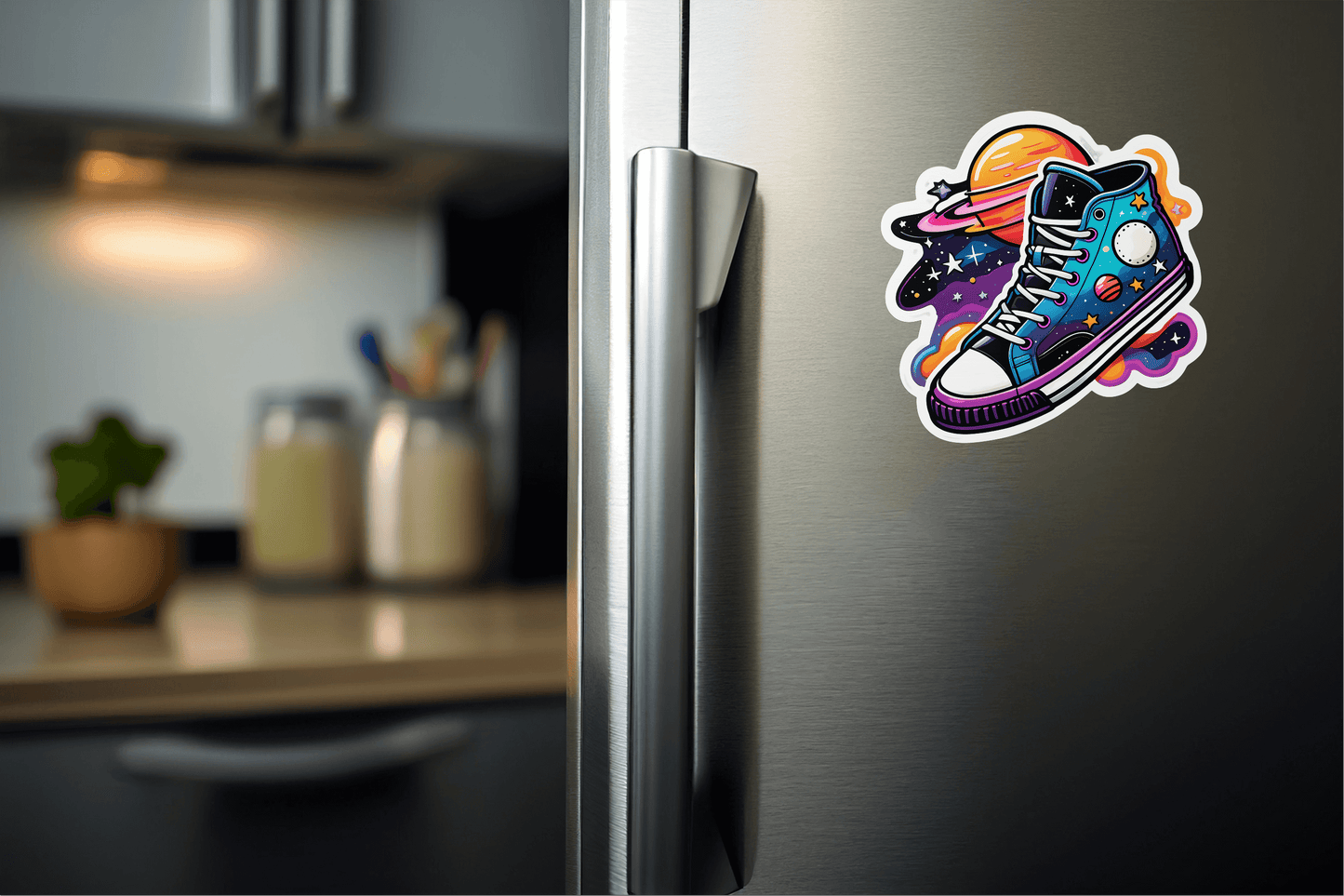 Cosmic Kicks: Retro Sneakers in Space Vinyl Sticker on a fridge showcasing vibrant colors and design.