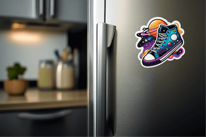 Cosmic Kicks: Retro Sneakers in Space Vinyl Sticker on a fridge showcasing vibrant colors and design.