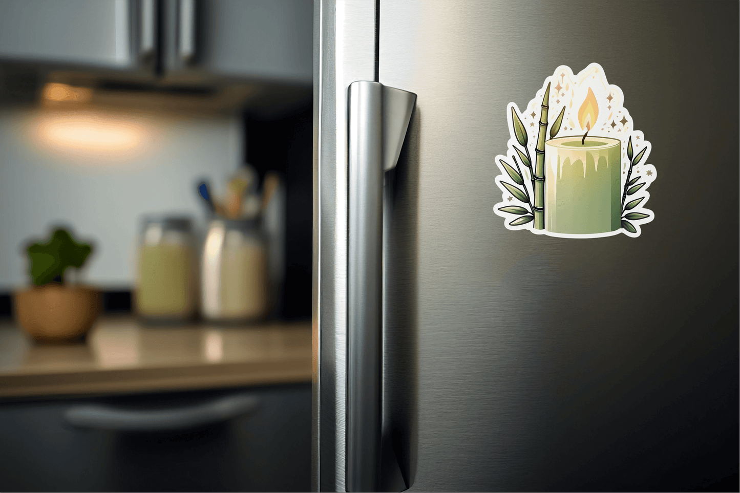 Calming Bamboo Candle Vinyl Sticker on a refrigerator door, enhancing home decor with a calming design.