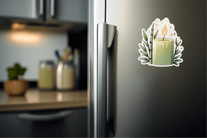 Calming Bamboo Candle Vinyl Sticker on a refrigerator door, enhancing home decor with a calming design.