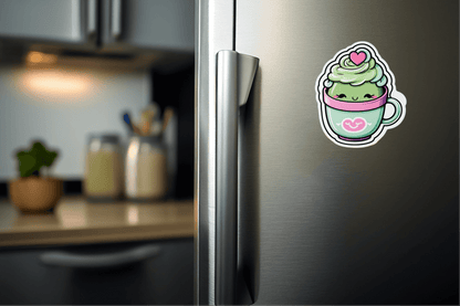 Sassy Matcha Therapy Sticker on a refrigerator showcasing vibrant tea cup art design.