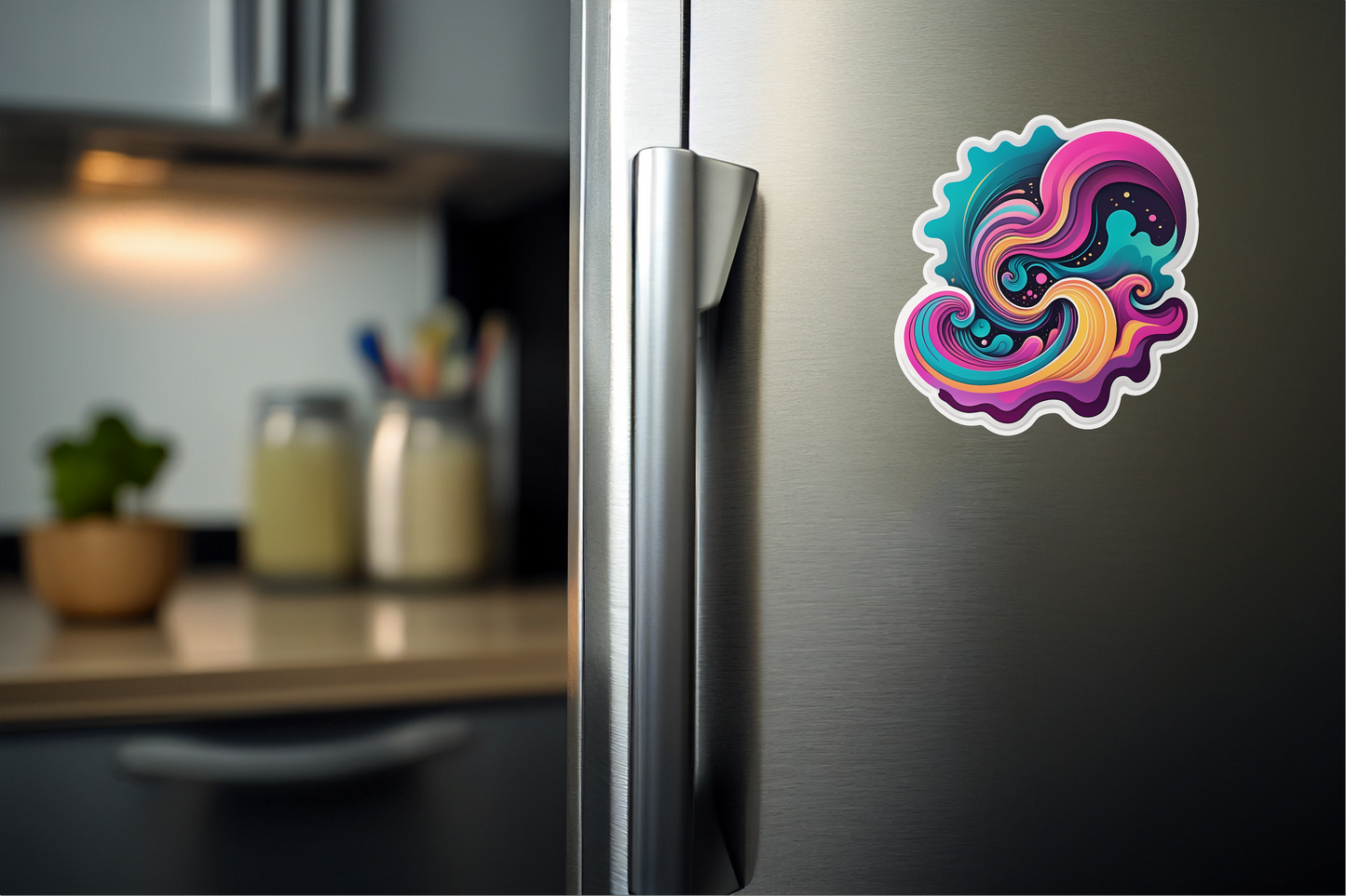 Psychedelic Muse: Abstract Dreams Edition Vinyl Sticker on a refrigerator door.