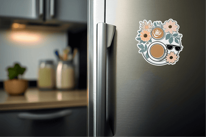 Aesthetic Brunch Babe Sticker on a refrigerator with flowers and coffee design.