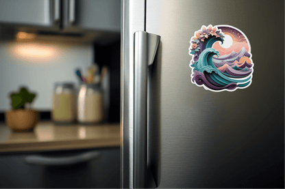 Cosmic Dreamwave Abstract Sticker displayed on a refrigerator door in a modern kitchen setting.