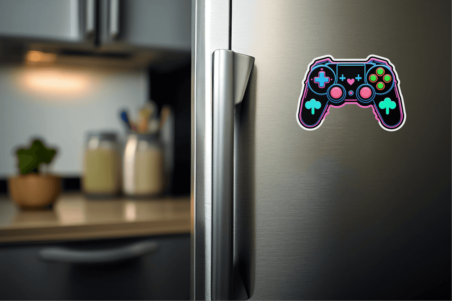 Level Up Neon Controller Vinyl Sticker on a refrigerator door in a modern kitchen.