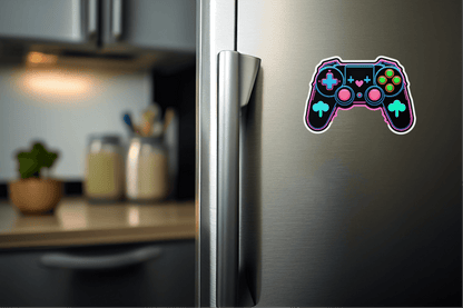 Level Up Neon Controller Vinyl Sticker on a refrigerator door in a modern kitchen.