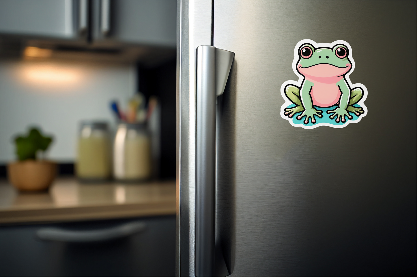 Doodle Espressive Frog Vinyl Sticker on a refrigerator, showcasing a colorful frog design for mood mapping.