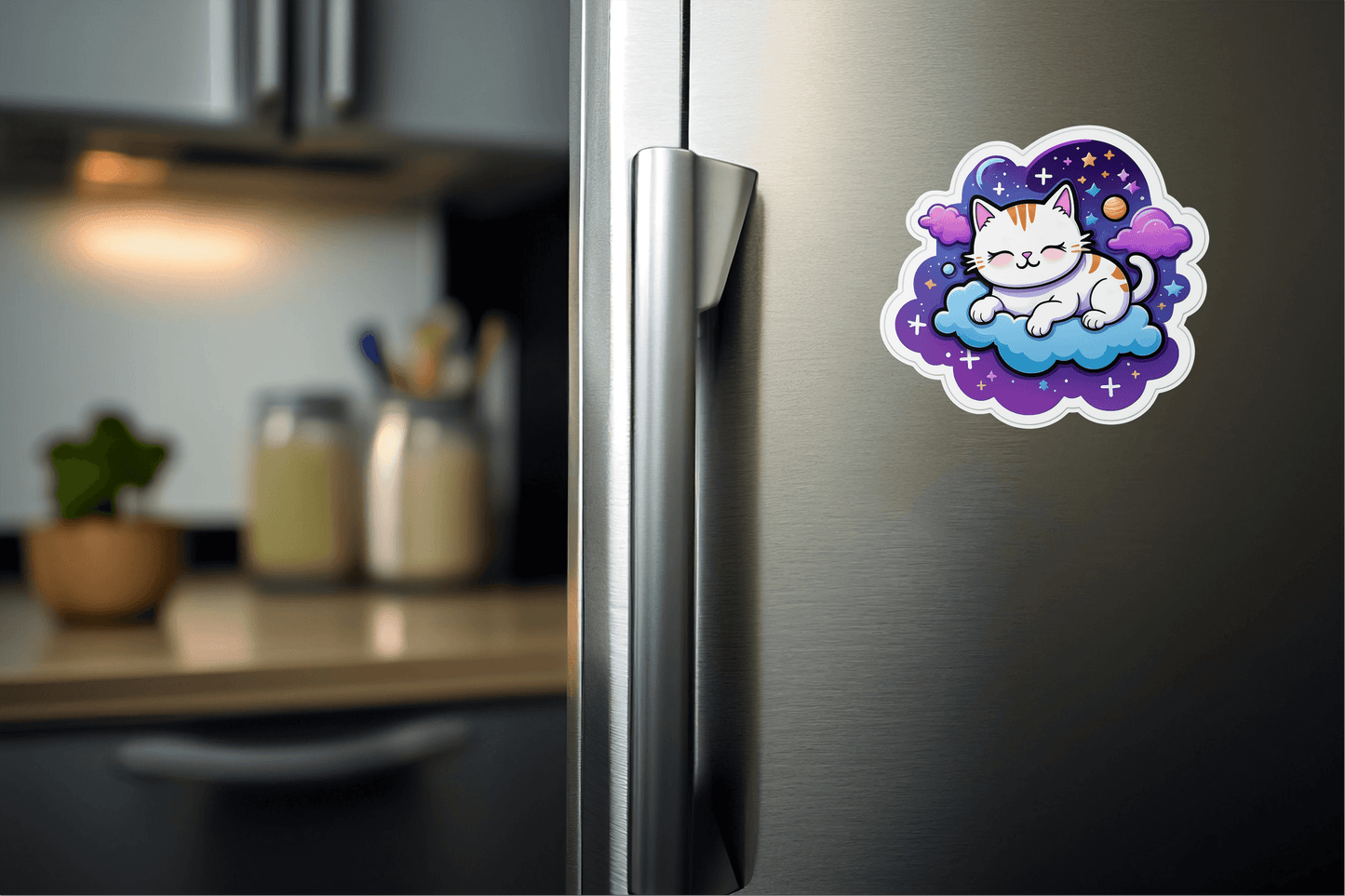 Cosmic Catnap – Galaxy Space Cat Vinyl Sticker on a refrigerator, adding whimsical decor to kitchen surfaces.