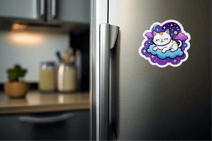 Cosmic Catnap – Galaxy Space Cat Vinyl Sticker on a refrigerator, adding whimsical decor to kitchen surfaces.
